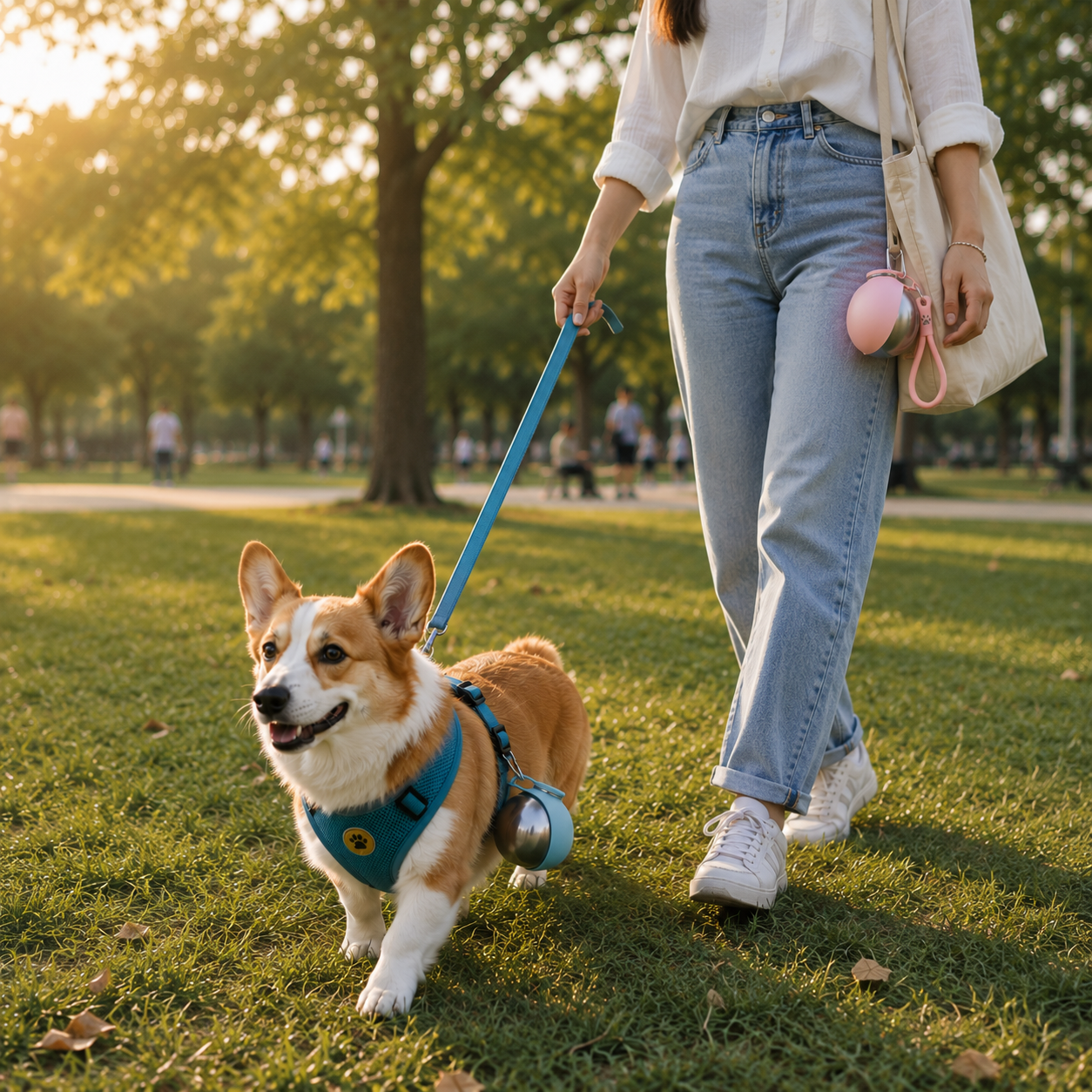 Owner walking a corgi in the park with the PawCoop bottle clipped to her tote and a bowl on the dog's harness